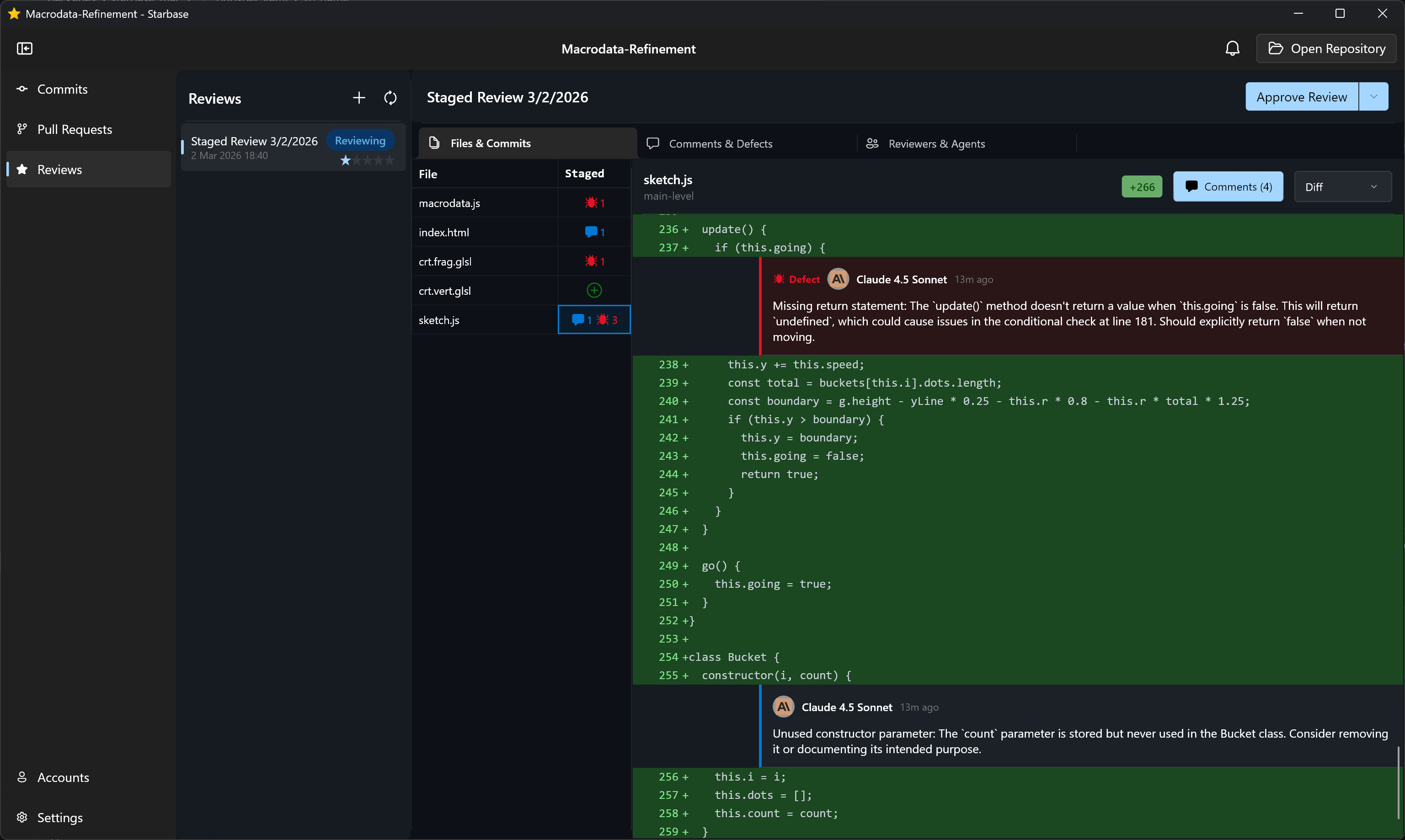 Starbase app showing AI code review on staged changes